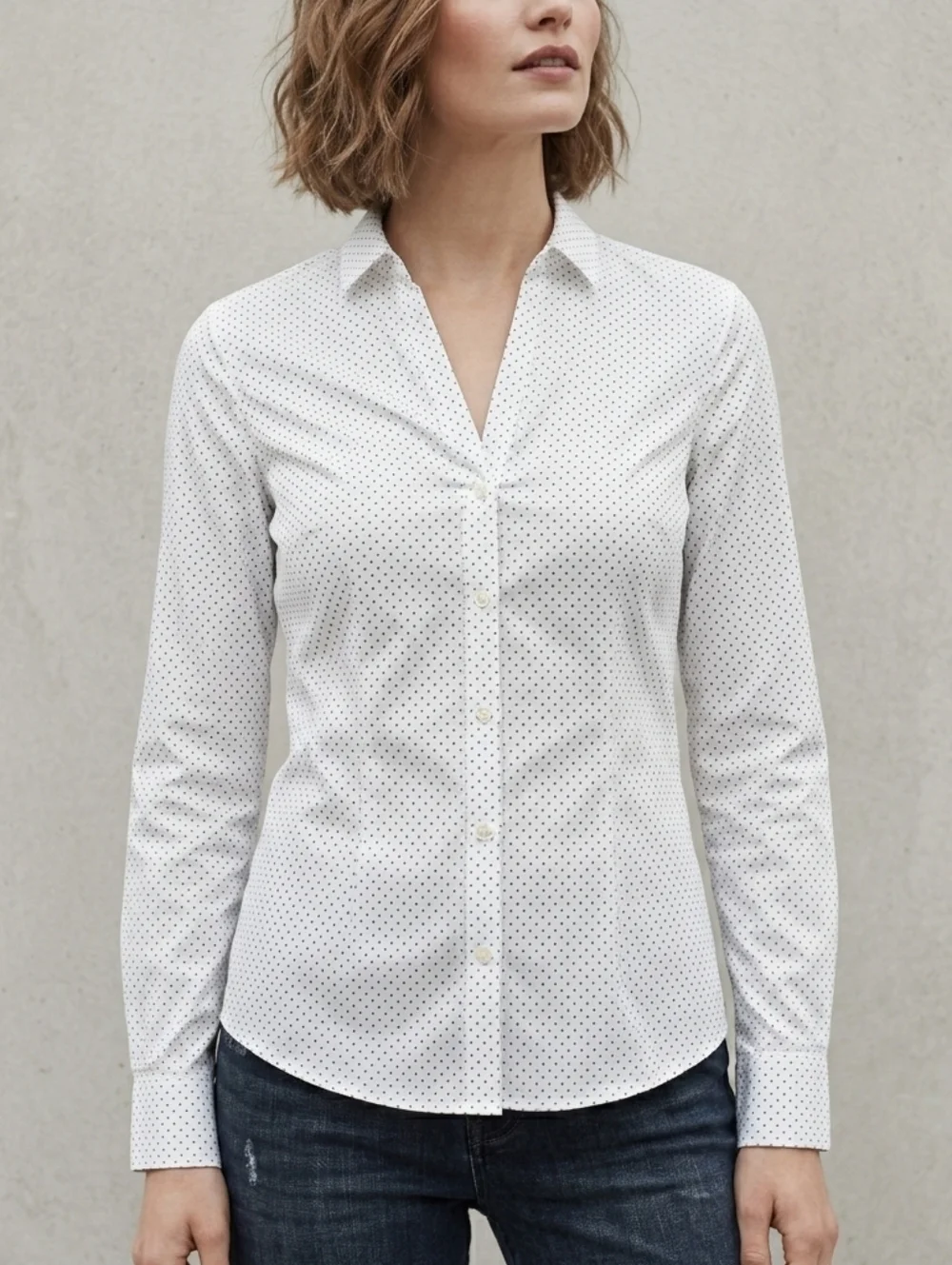 🟣 Sz 2 H&M Women's White Cotton Blend Polka Dot Long Sleeve Button-Down Shirt - Picture 1 of 7